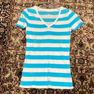 Merona “The Ultimate Tee Aqua and White Striped V-Neck T-Shirt Size XS